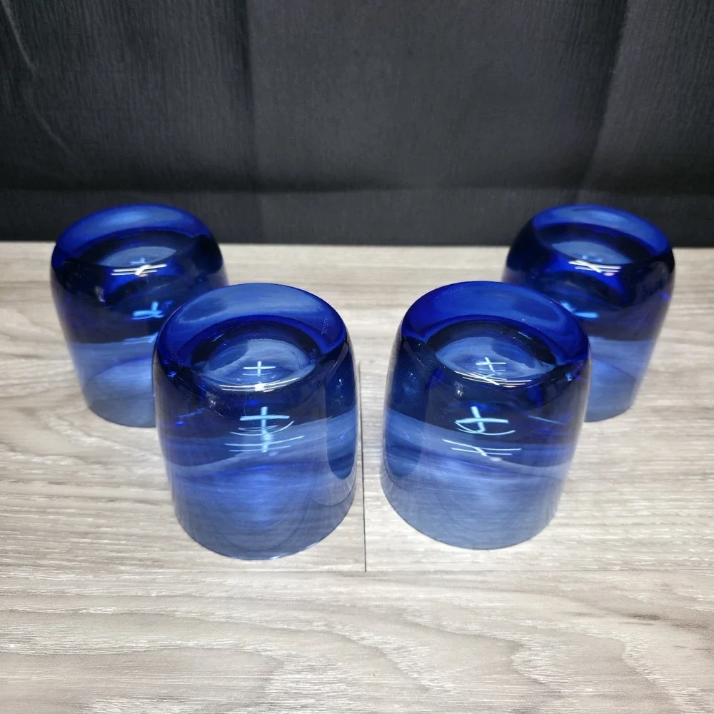 4 Vintage Block Cobalt Blue Glasses‎ - Rare Rounded Heavy Bottom - Stunning!!